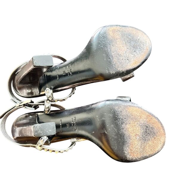 Prada 38 Patent Leather T-Strap Silver Studded crystals Accents Block Sandals - Picture 3 of 15